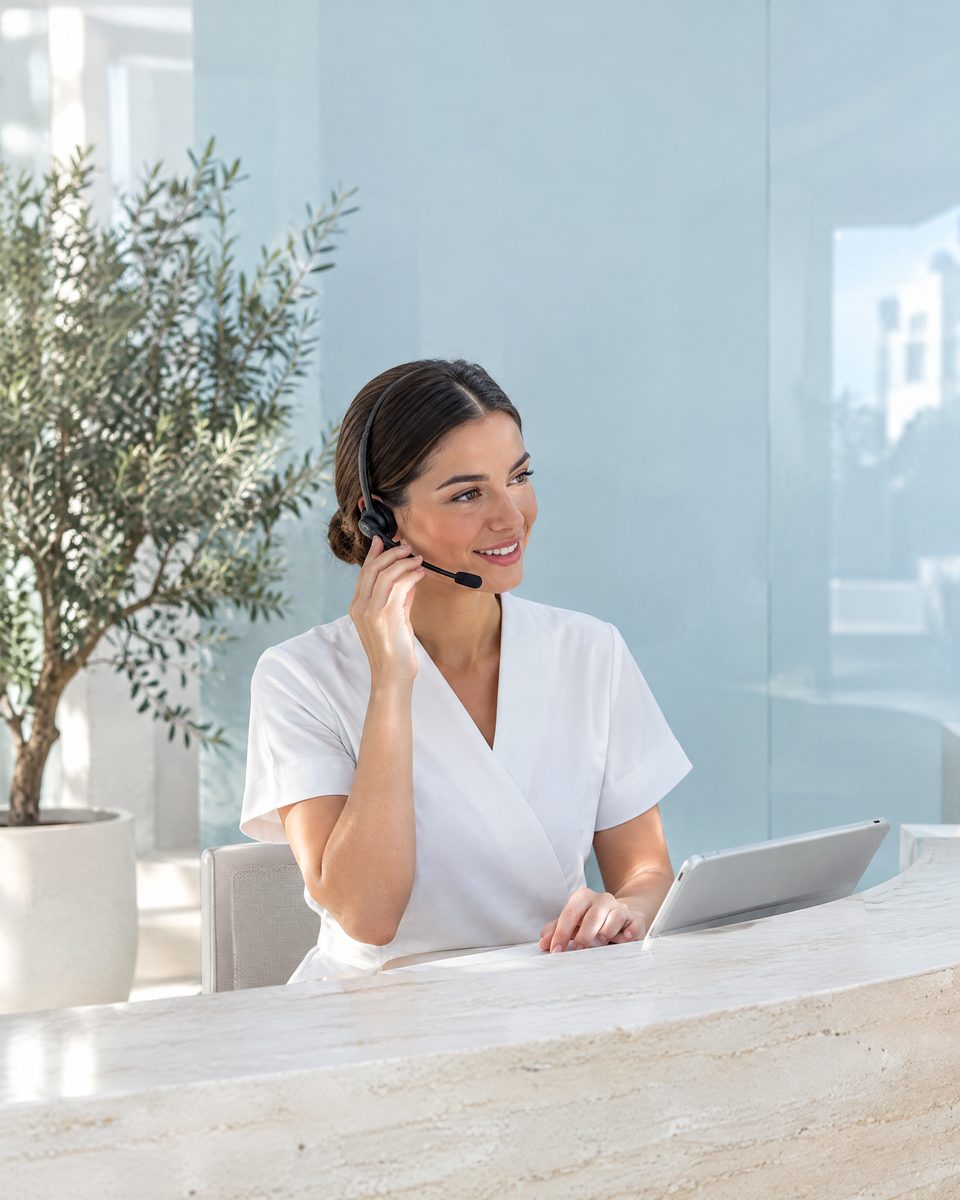 Recepcionista de una clínica con auriculares atendiendo llamadas